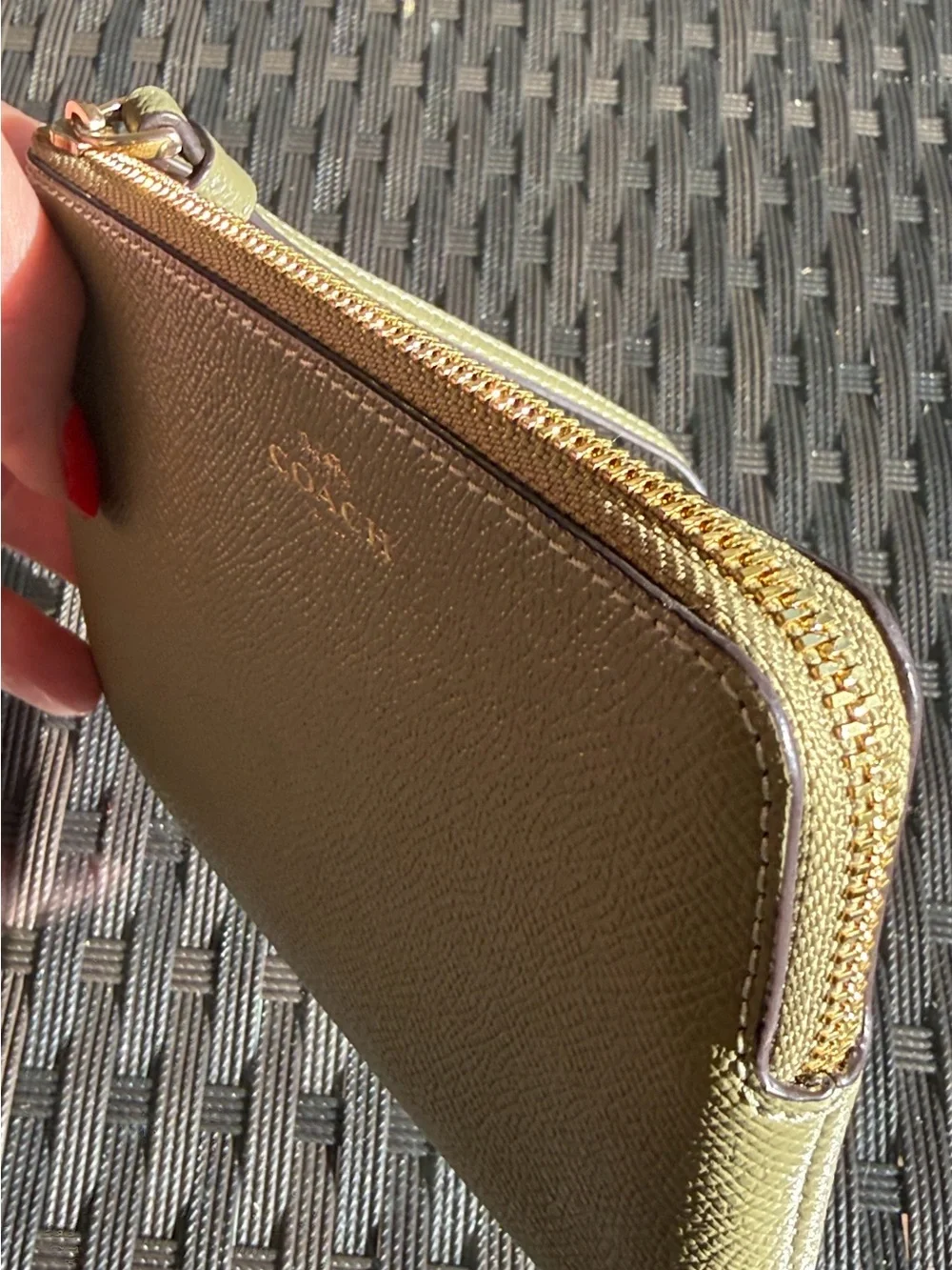 Coach Olive Green Pebbled Leather Zip Card Case with Gold Hardware